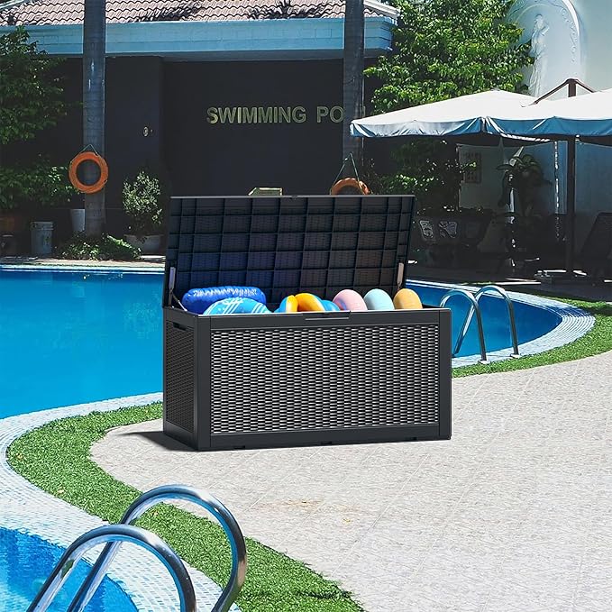 100 Gallon Deck Box Lockable Rattan Outdoor Storage Box waterproof Outdoor Container for Patio Furniture Cushions, Pillow-Ruum Studio Home