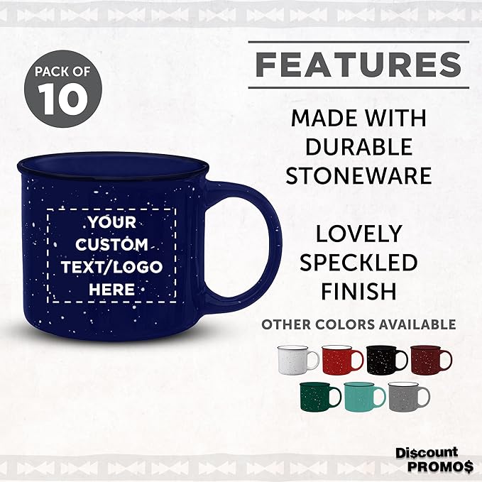 DISCOUNT PROMOS Custom Ceramic Campfire Coffee Mugs 13 oz. Set of 10, Personalized Bulk Pack - Perfect for Tea, Espresso, Cappuccino, Hot Cocoa - Blue-Ruum Studio Home
