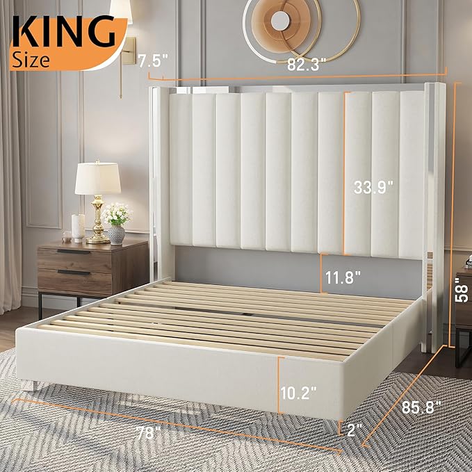 Jocisland King Size Bed Frame with 58" Tall Headboard, Platform Velvet Upholstered Bed with Channel Tufted Wingback Headboard and Plating Trim, No Box Spring Needed, Cream-Ruum Studio Home