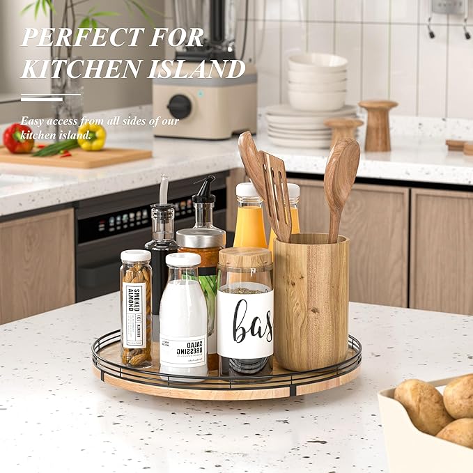 16" Lazy Susan Oak Wood Turntable Organizer for Cabinet, Farmhouse Round Wooden Large Lazy Susan Organization and Storage for Dining Table, Pantry, Kitchen, Bathroom, Countertop, Cupboard, Home Decor-Ruum Studio Home