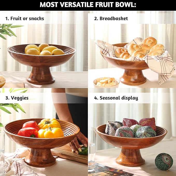 Folkulture Wooden Fruit Bowl for Kitchen Counter | 12" Large Premium Eco Friendly Banana Fruit Basket for Kitchen | Acacia Wood Bowl with Holder, Pedestal for Table Decor, Centerpiece for Dining Table-Ruum Studio Home
