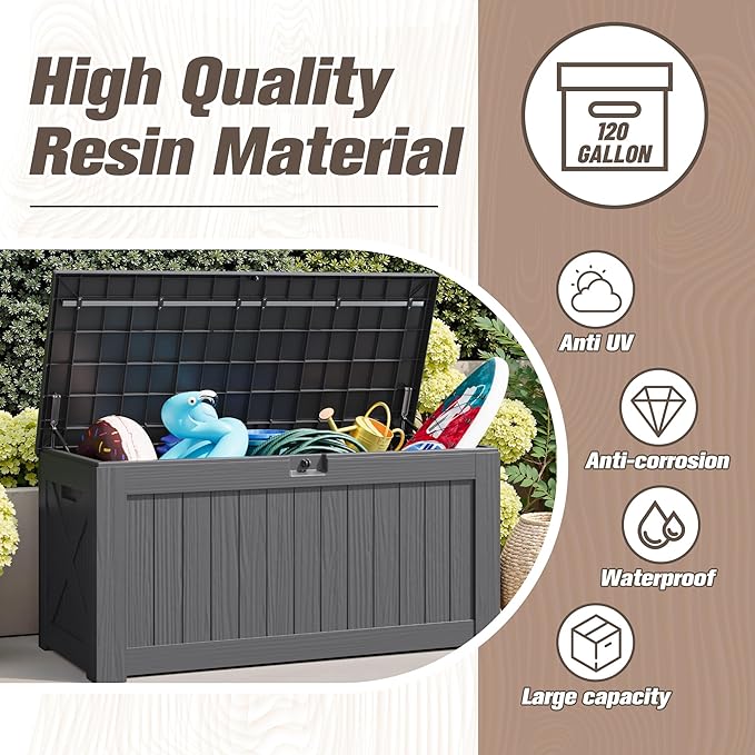 JUMMICO 120 Gallon Resin Deck Box, Large Outdoor Storage Box Waterproof & Lockable for Garden, Patio, Pools (Gray)-Ruum Studio Home