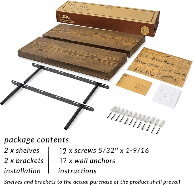 BGMG Floating Shelves 16 inch Long, Distressed,Wide Rustic Wooden Wall Shelves for Bathroom Living Room Bedroom Kitchen Farmhouse Set of 2-16x6.7x1.25 inch-Distressed Walnut-Ruum Studio Home