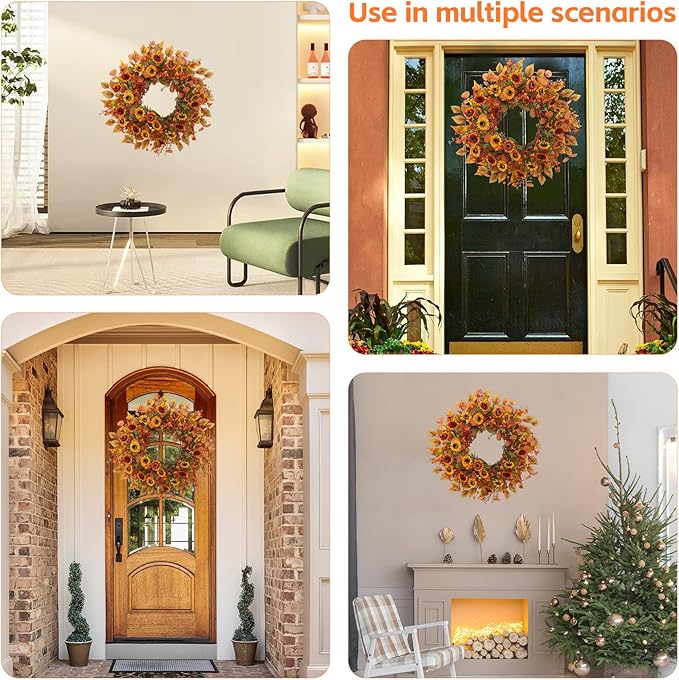 22 inch Artificial Fall Wreaths for Front Door,Autumn Wreath with Eucalyptus Leaves and Chrysanthemum Suitable for Indoor Outdoor Harvest Festival Thanksgiving Day Farmhouse Holiday Decor.-Ruum Studio Home