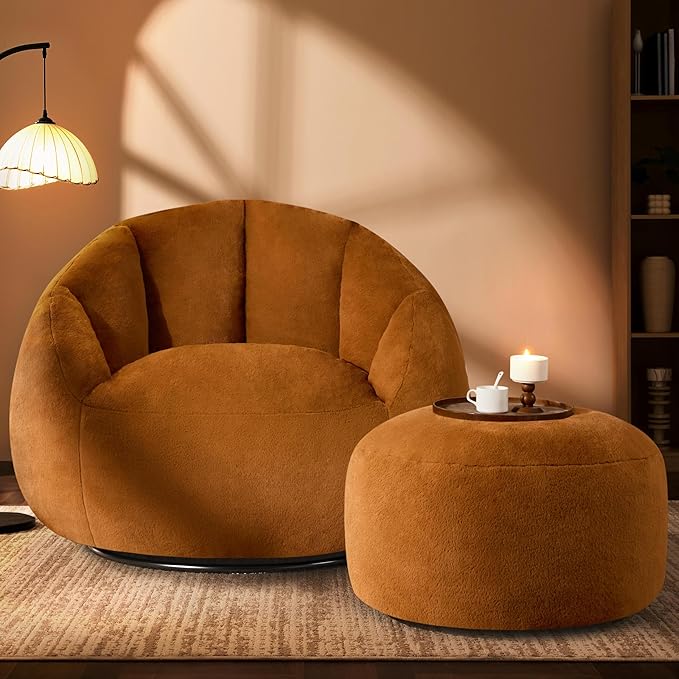 Giant Bean Bag Swivel Chair for Adults - Comfy Plush Round Shell Soft Accent Chaise Lounge Indoor Chair, Oversized Cozy Floor Sofa for Living Room, Bedroom & Game Rooms, Orange-Ruum Studio Home