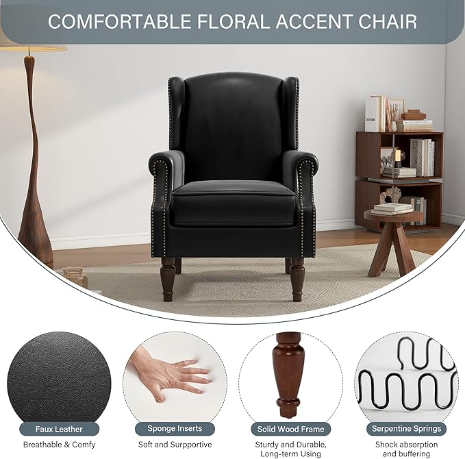UIXE PU Leather High Back Accent Chair, Upholstered Armchair for Living Room, Retro Wingback Arm Chair Nailhead Trim Single Sofa Bedroom Reading Seat with Solid Wood Legs - Black-Ruum Studio Home