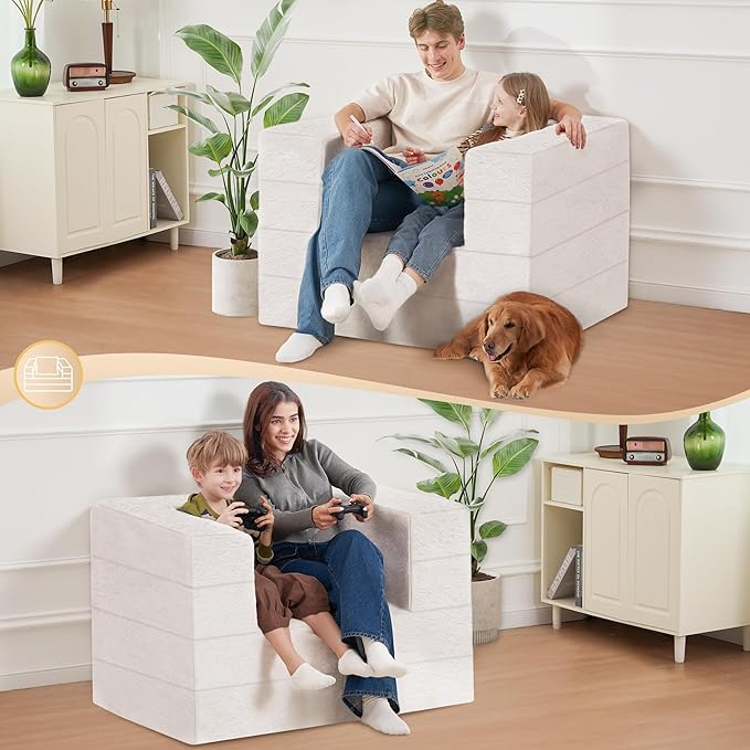 Folding Bean Bag Chair for Adults,3-in-1 Bean Bag Couch Faux Fur Floor Sofa Large Beanbag Convertible Bean Bag Sofa Bed with Pillow in Bedroom,Living Room,Apartment(Twin,Milky White)-Ruum Studio Home