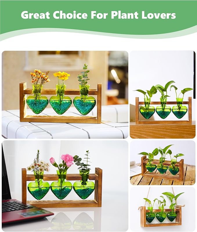 Nacome Plant Terrarium for Office Decor: Birthday Gifts for Plant Lovers Women Mom Wife - Wooden Stand Tabletop Planter 3 Bulb Glass Vase Heart Shaped for Hydroponics Indoor Home(Green)-Ruum Studio Home