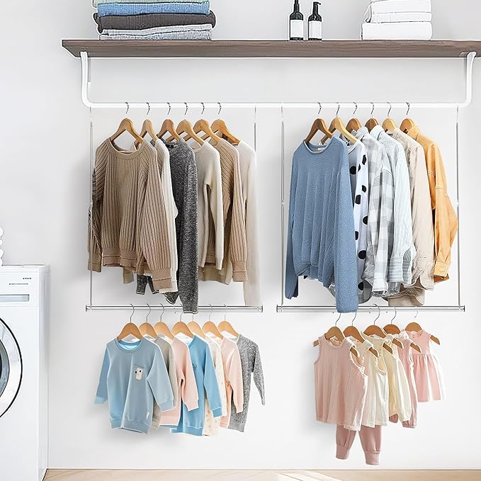 STORAGE MANIAC Hanging Closet Rod, Adjustable Width and Height Closet Hanging Organizer, Space-Saving Clothes Hanging Bar, Closet Extender Hanging Rod Double Closet Hanging Rod, 2 Pack Chrome-Ruum Studio Home