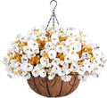 Artificial Fall Flowers Fake Hanging Plants Flowers Basket for Outdoors Autumn Decoration, Silk Morning Glory with Eucalyptus Look Real UV Resistant Faux Flowers for Outside Porch Patio Balcony, White-Ruum Studio Home