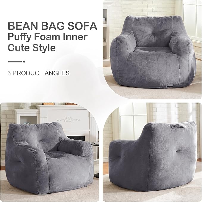 Hobestluk Bean Bag Chair for Adult Small Bean Bag Chairs with Arms Furry Beanbag Chair with Foam Filler Stuffed Bean Bag Sofa for Reading in Bedroom Living Room and Dorms(Grey)-Ruum Studio Home