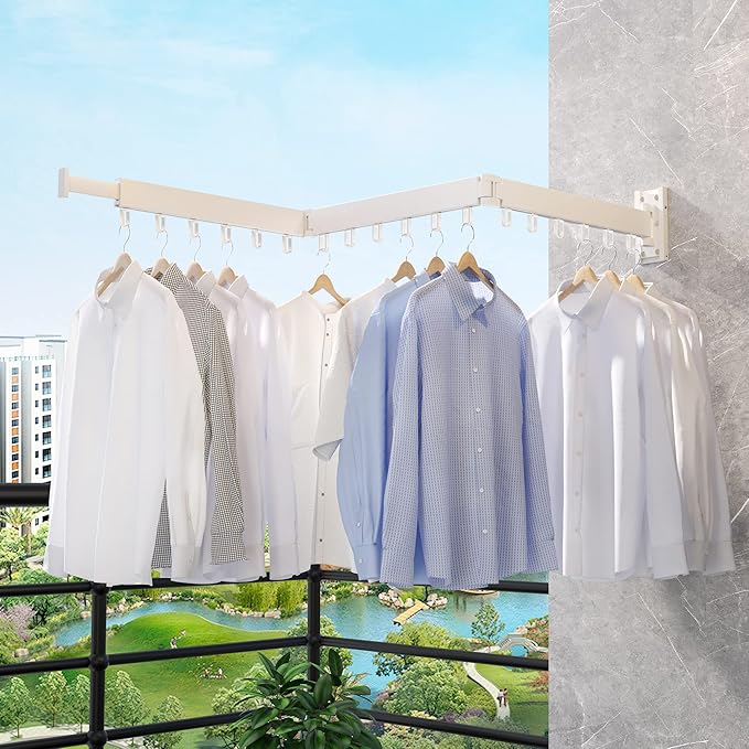 Clothes Drying Rack Wall Mounted,Drying Rack Clothing,Clothes Hanging Rack,Retractable,Collapsible(Tri-Fold), White Color(Ring)-Ruum Studio Home