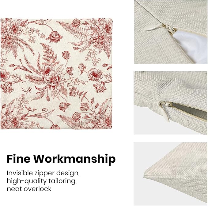 Wine Red Spring Pillow Covers 18 x 18 Inch Set of 2 for Chinoiserie Flowers Decor Throw Pillows Burgundy Floral Leaves Seasonal Plant Outdoor Decorative Cushion Cases for Couch Bed Decorations-Ruum Studio Home