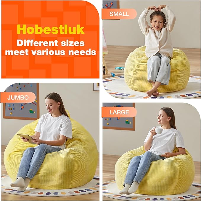 Hobestluk 4.5FT Bean Bag Chair Giant Bean Bag Chair with Filler Included Adult Bean Bag Chairs with Removable Cover for Bedroom Living Room - (Jumbo, Yellow)-Ruum Studio Home