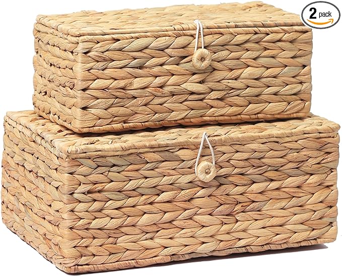 Set of 2 Rectangular Wicker Storage Bins with Lid, Rattan Basket Decorative Boxes, Multipurpose Organizer Display Boxes for Shelf Organizer, Boho Rattan Box for Home Decoration-Ruum Studio Home