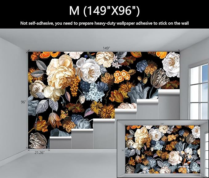 WFBHUA-Black and Gold Floral Wallpaper for Bedroom Vintage Blue Peony Flower Wall Mural (Not Peel and Stick)-Ruum Studio Home