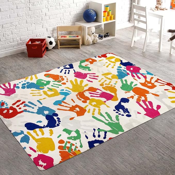 STARUIA Handprints and Footprints Kids Rug Play Carpet, 4'x6' Washable Colorful Area Rug for Nursery Room, Ultra Soft Non-Slip Indoor Play Mat for Bedroom Playroom Classroom-Ruum Studio Home