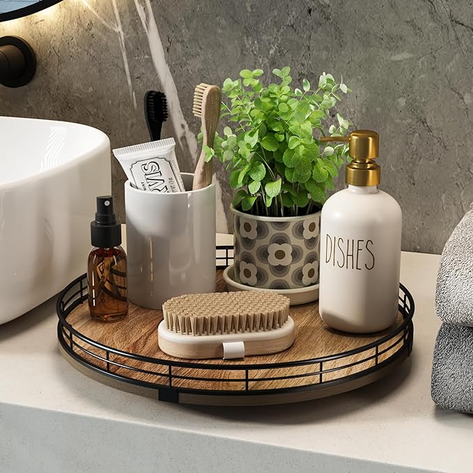 Acacia Wood 12" Lazy Susan Turntable Organizer for Table Top, Farmhouse Round Wooden Lazy Susan for Cabinet Kitchen Centerpieces Coffee Table, for Condiments Spices, Bathroom Vanity Tray Decor-Ruum Studio Home