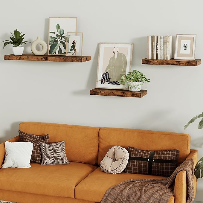 Floating Shelves for Wall, 16 inchs x 6.7” deep x 1.4” Bathroom Shelf Bedroom, Living Room, Kitchen, Farmhouse Decor, Rustic Wood Wall Shelves with Invisible Brackets - Set of 2, Rustic Brown-Ruum Studio Home