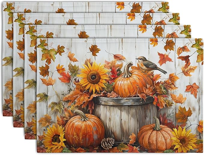 Fall Placemats 12x18 Inch Set of 4 Pumpkin Maple Leaves Sunflower Bird Linen Place Mat Burnt Orange Autumn Thanksgiving Harvest Table Mats for Party Kitchen Dining Decoration-Ruum Studio Home