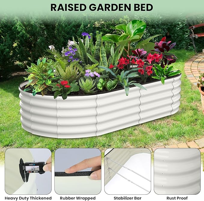 2 Pcs 6x3x1ft Oval Raised Garden Bed, Galvanized Raised Beds,Open-Ended Base Metal Raised Planter Beds,Garden Bed Outdoor,Planter Raised Boxes for Vegetables, Flowers,Tool-Free Asse,White-Ruum Studio Home