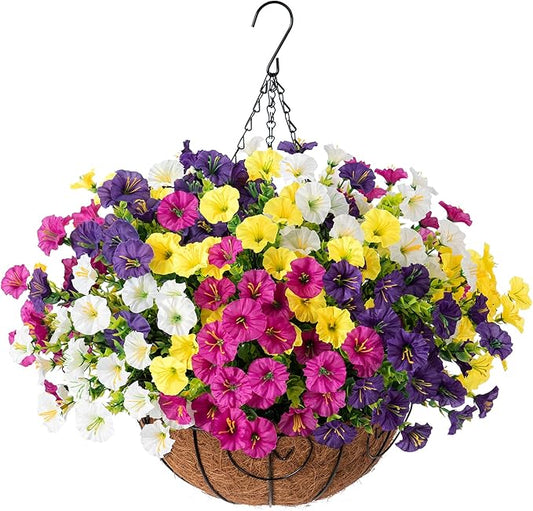 Artificial Faux Hanging Plants Flowers Basket for Spring Summer Outdoors Decoration, Fake Silk Colorful Morning Glory with Eucalyptus Look Real UV Resistant for Outside Porch Patio Balcony Garden Home-Ruum Studio Home