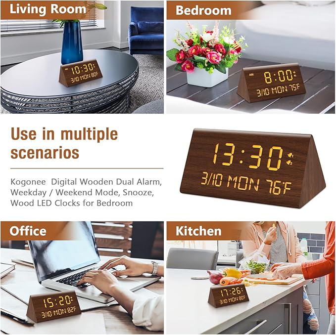 Kogonee Wooden Digital Alarm Clock, 0-100% Dimmer, 2 Alarm Settings, Weekday/Everyday Mode, 9 Mins Snooze, 12/24H, Temperature and Date Display for Office, Travel, Bedroom Alarm Clock (Brown)-Ruum Studio Home