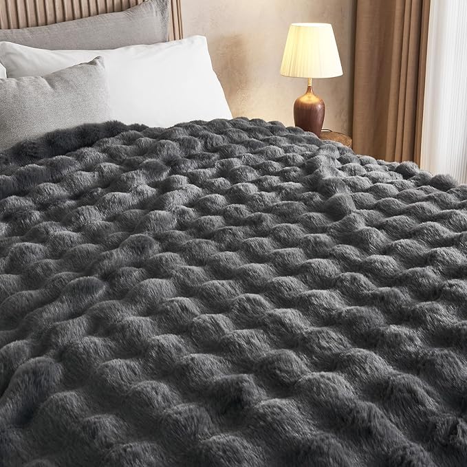 Lotus Karen King Size Faux Fur Blanket - Dark Gray, Big Bubble Rabbit Fluff, 108x90 Inches-Ruum Studio Home