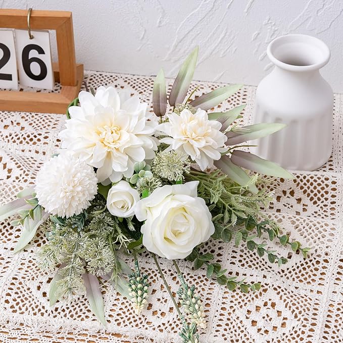Fake Flowers in Vase, Artificial Flowers with Vase, 15.7'' Floral Arrangements for Dining Table Centerpiece Decor, Silk Roses & Faux Dahlia Bouquet for Farmfouse Kitchen Coffee Table Decor (White)-Ruum Studio Home