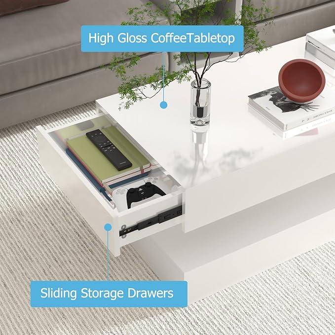 Uspeedy 47.3IN High Glossy LED Coffee Table,APP LED Lights,Black/White, Modern Furniture for Living Room (White)-Ruum Studio Home