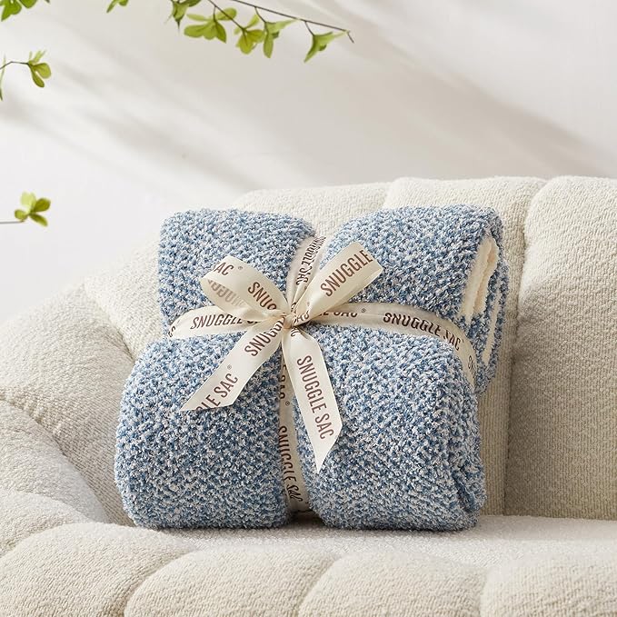 Snuggle Sac Queen Size Bed Blanket Heather Blue, Reversible Super Soft Microfiber Blankets Warm Cozy Knit Fuzzy Plush Bed Blankets, Blue, Queen 90x90-Ruum Studio Home