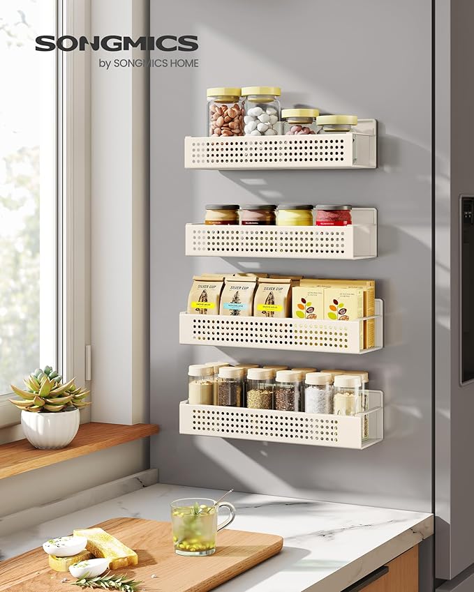 SONGMICS Magnetic Spice Rack for Refrigerator, Set of 4, 2 Large and 2 Small Kichen Magnetic Shelves for Microwave, Washing Machine, Spice Organizers, No Drilling Needed, Cream White UKCS061W01-Ruum Studio Home