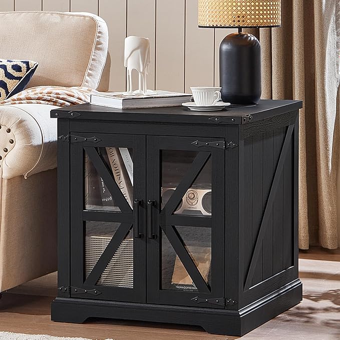 24" End Table with Charging Station, Farmhouse Night Stand with Glass Barn Door, Black Nightstands with Adjustable Storage Shelf, Large Wood Square Bed Side Table for Living Room,Bedroom-Ruum Studio Home