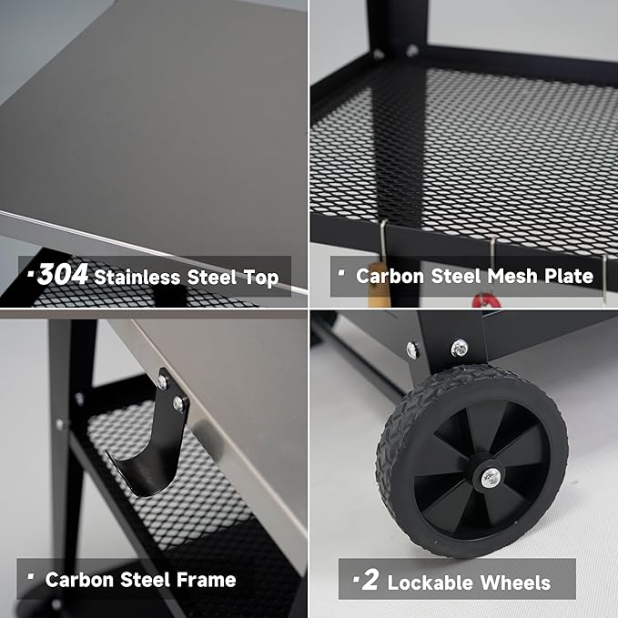Stainless Steel Outdoor Grill Cart with Wheels, Heavy-Duty 3-Tier BBQ Prep Table for Pizza Oven, Griddle, Patio – Rustproof Commercial Kitchen Cart with Tool Hooks-Ruum Studio Home