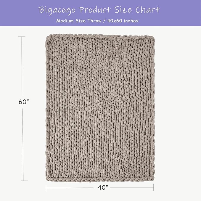 Bigacogo Chunky Knit Throw Blanket for Couch, 40x60 inches, 100% Hand Knitted with Thick Jumbo Chenille Yarn, Cozy Soft Large Rope Knot Cable Crochet Blankets for Sofa Bed Living Room, Taupe-Ruum Studio Home