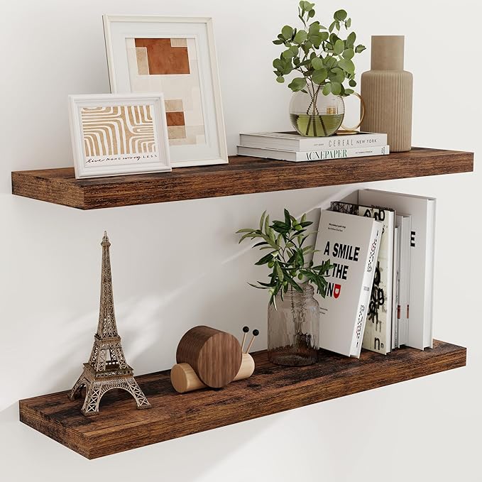 40 Inch Floating Shelvese, 40" W x 9" D Floating Shelf Set of 2, Farmhouse Wood Wall Shelves for Bedroom, Kitchen, Wall Mounted Deep Shelving for Home Decor, Rustic Brown Color-Ruum Studio Home