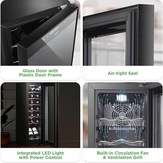 NutriChef Single-Zone Wine Cooler & Chiller – Digital Touch Control, Airtight Seal, 14-Bottle Capacity, Black-Ruum Studio Home
