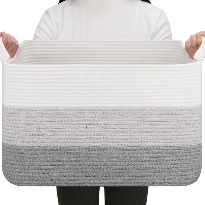 OIAHOMY Rectangle Woven Storage Basket - Nursery Cotton Rope Baskets for Storage, Toy Basket Organizing for Living Room, 17.7"x13.8"x11"- Pack of 3 - Gradient Gray-Ruum Studio Home