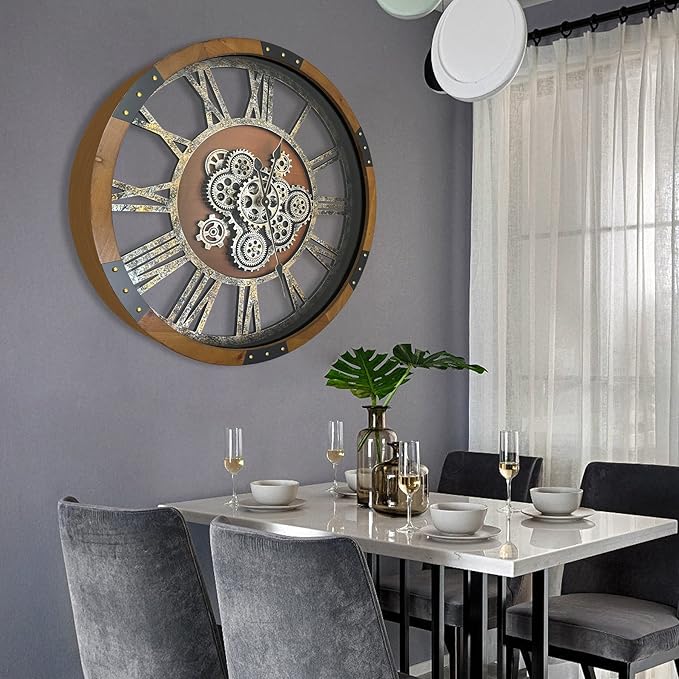 DORBOKER 24" Original Moving Gears Wall Clock, Large Industrial Wall Clock for Living Room Decor, Retro Wood Vintage Farmhouse Steampunk Rustic Clocks for Wall Decor,Brown Nanmu-Ruum Studio Home