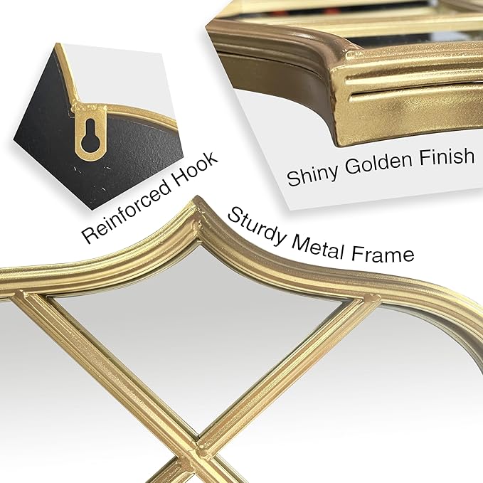 Window Mirror Pane Scalloped, Wide Arched Gold Mirrors Decorative, Cathedral Arch Wall Decor with Metal Windowpane Grid for Mantle Entryway Fireplace Hallway Living Room-Ruum Studio Home