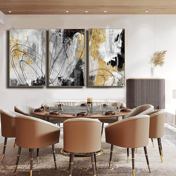 YJYart Gold Wall Art Abstract Wall Art Living Room Decor Black and White Canvas Picture Home Decor Wooden Frame Line Paintings Modern Artwork Office Decor 24"x 36"x 3 Pieces-Ruum Studio Home