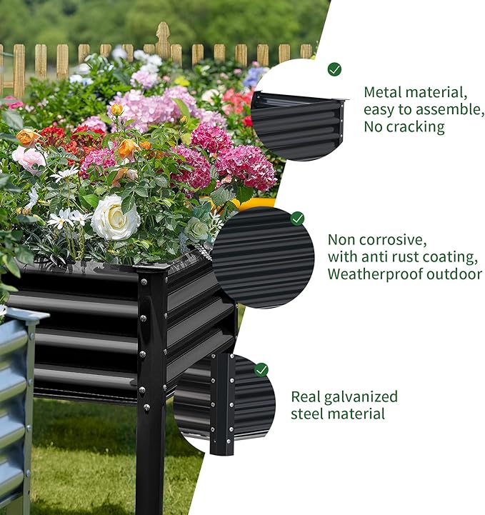 Land Guard Galvanized Raised Garden Bed with Legs, 96×24×32in Raised Garden Beds Outdoor with Drainage Holes, Planter Boxes Outdoor for Backyard, Patio, Balcony, 800lb Capacity, Gray-Ruum Studio Home