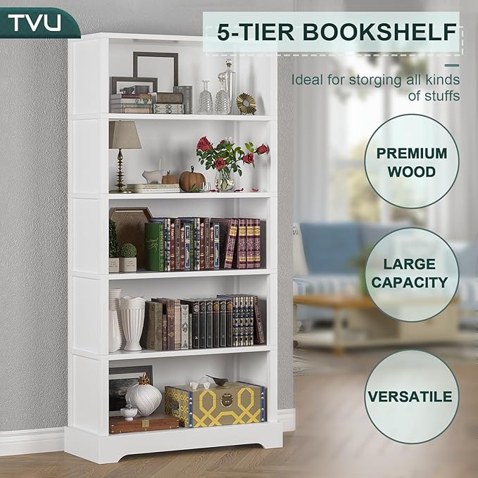 TVU 5-Shelf Wood Bookcase, 65 Inch Tall Bookshelf with Storage, Floor Standing Display Book Shelf，for Living Room Bedroom Study Office, White-Ruum Studio Home