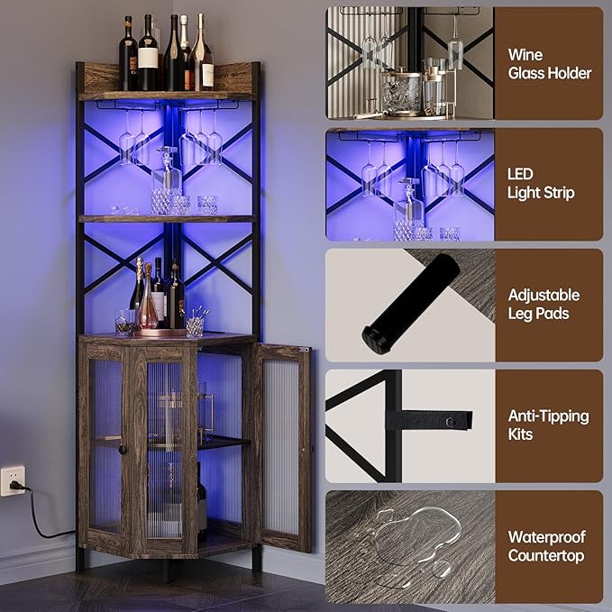 Corner Bar Cabinet with Power Outlet, 5-Tier Corner Wine Cabinet with Led Strip and Glass Holder, Industrial Tall Liquor Cabinet Bar Wine Rack for Home, Grey Oak-Ruum Studio Home