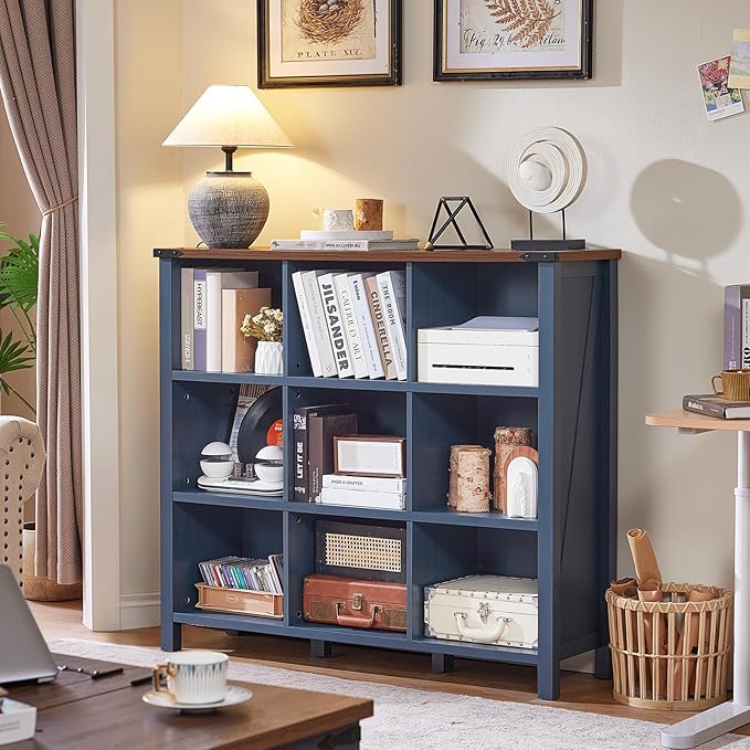 9 Cube Bookcase, Farmhouse 47 Inch Wide Navy Blue Bookshelf, Wooden 3 Tier Display Large Open Book Shelf, Vintage Horizontal Book Case for Home Office, Cubby Storage Cabinet for Living Room-Ruum Studio Home