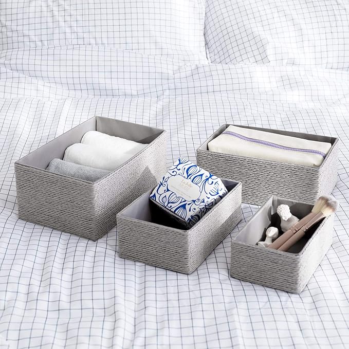 LA JOLIE MUSE Storage Baskets Set 4 - Stackable Woven Basket Paper Rope Bin, Storage Boxes for Makeup Closet Bathroom Bedroom (Gray)-Ruum Studio Home