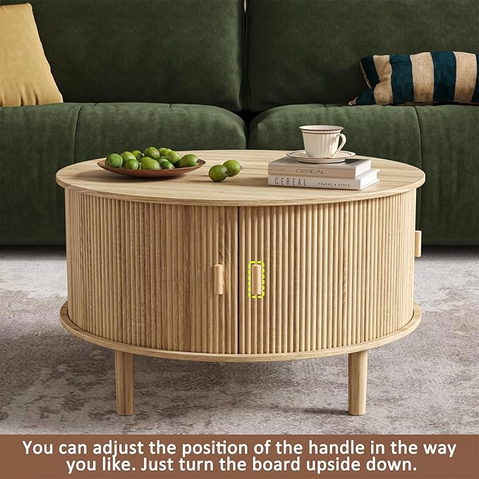 Coffee Table and TV Stand Set of 2, Round Center Table with Storage,Fluted Coffee Table with 360° Sliding Doors, 86.6" Entertainment Center for Bedroom, Living Room,Natural-Ruum Studio Home