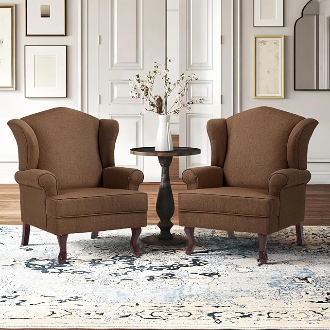 Accent Chair, High Back Upholstered Armchair with High Resilience Sponge & Wood Legs, Mid-Century Modern Comfy Single Sofa Reading Chairs for Living Room, Bedroom (Brown, Set of 2)-Ruum Studio Home