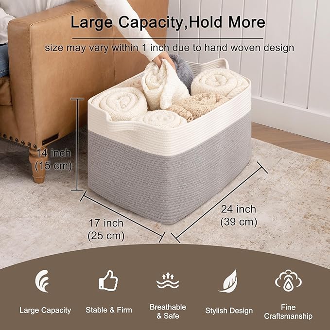 OIAHOMY 95L Blanket Basket, 24”x17”x14”, Large Woven Baskets for Storage, Nursery Cotton Rope Basket with Handle, Living Room, Nursery, Bedroom,Toy Baskets Organizer Bins, Grey & White-Ruum Studio Home