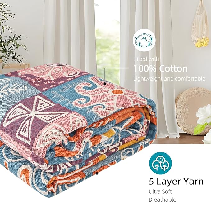 Boho Throw Blanket for Bed - 100% Pure Cotton Ultra Soft Rustic Quilt - Farmhouse Decor Bed Blankets, All Season Rustic Throw for Sofa Couch Chair(80''x 90'', Art Squares)-Ruum Studio Home